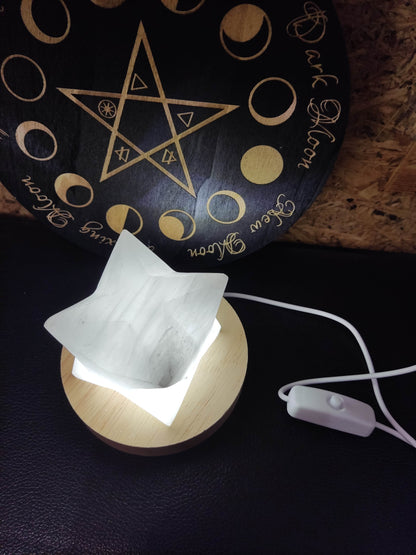 Etoile Merkaba sélénite + base lumineuse blanche led